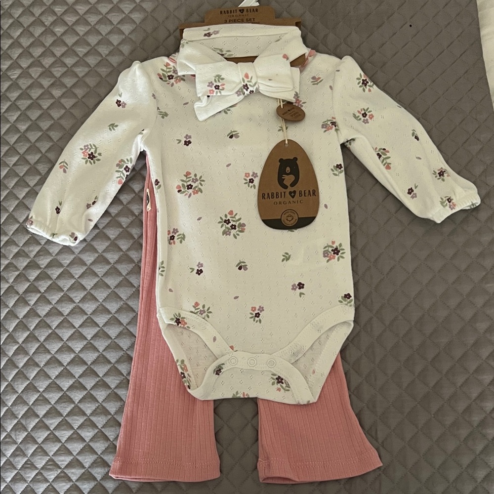 Rabbit & Bear Organic Kids Floral Matching Set - White and Pink
